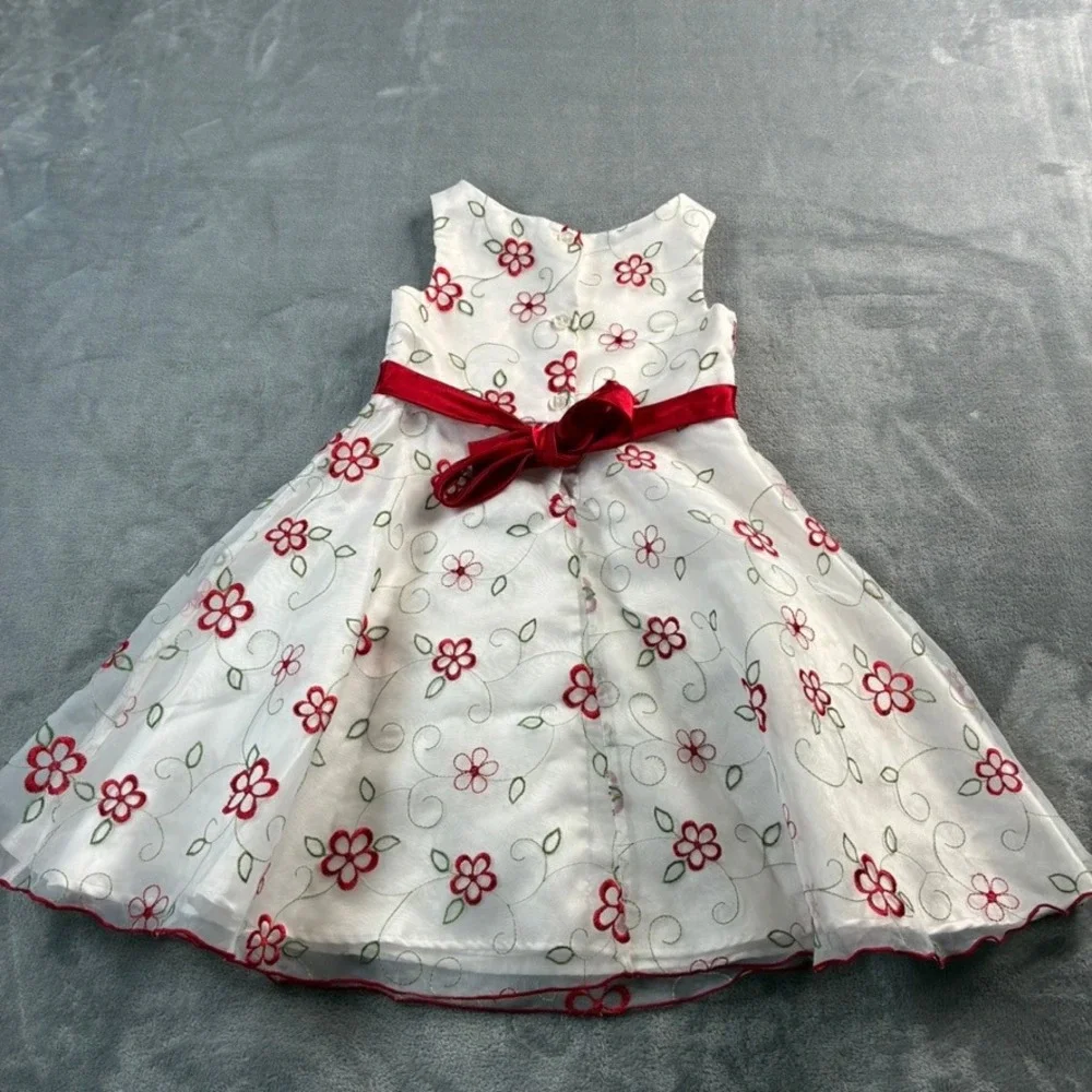 Youngland Girls White Red Floral Embroidered Dress Ribbon‎ Bow Party Size 5
